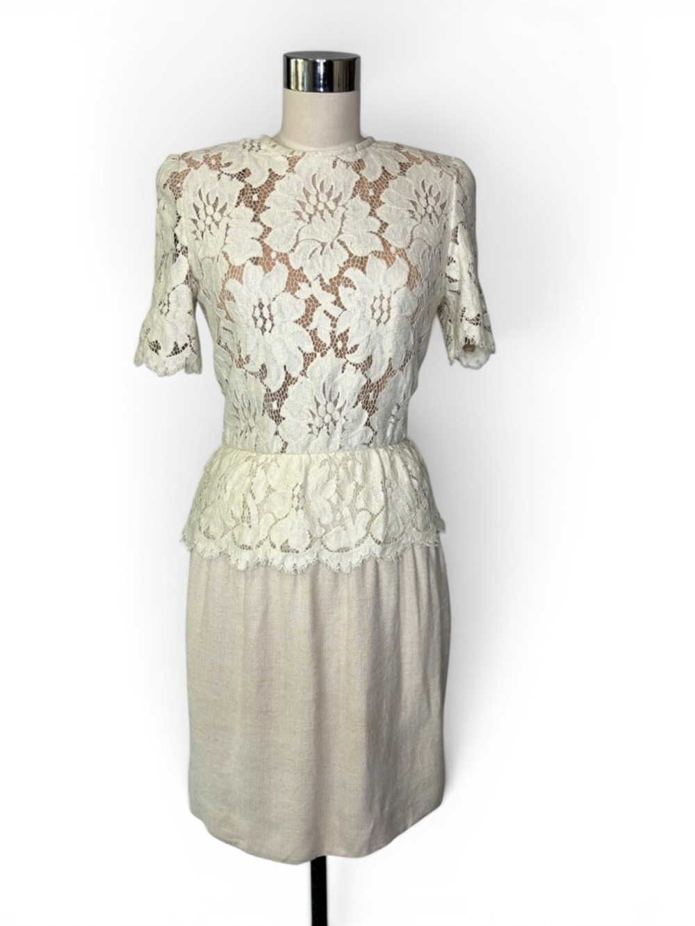 Fine Feathers Vintage Ivory Cotton Lace Bodice Dress with Peplum Skirt SM